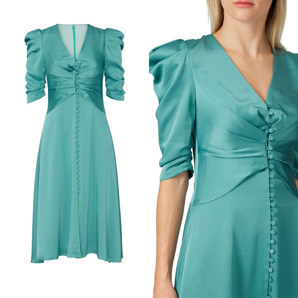 Jonathan Simkhai Ruched V-Neck Button Dress 8 - Picture 1 of 12
